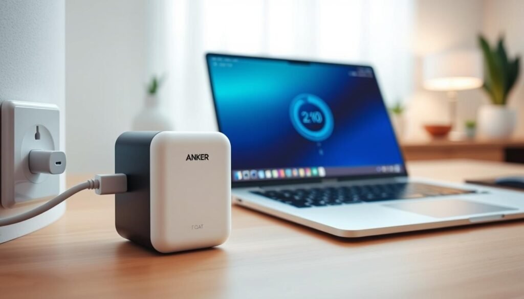 A close-up view of an Anker Nano 45W GaN charger next to a sleek, 14-inch laptop, highlighting their compact size. The charger, elegantly designed, has a white and black finish, while the laptop features a modern aluminum exterior. In the foreground, the charger is plugged into a power outlet, with a clean charging cable leading to the laptop. The middle ground captures the laptop screen displaying a progress bar for charging, indicating fast performance. The background features a softly lit workspace with minimalistic decor, accentuating the technology's efficiency. Use soft, natural lighting to convey a sense of innovation and modernity, ensuring a professional atmosphere suitable for a tech-focused article.