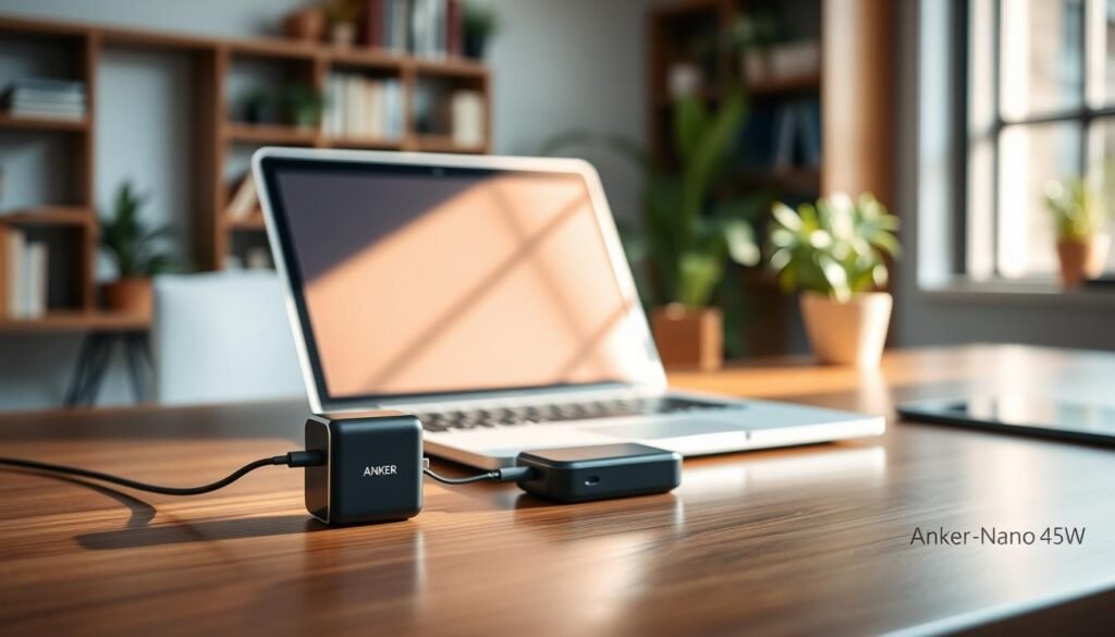A compact Anker Nano 45W GaN charger on a stylish wooden desk, revealing its sleek design alongside an iPhone charger for size comparison. The foreground features the two chargers with subtle reflections on the desk surface. In the middle, an open laptop with a 14-inch display, illuminated by soft, natural lighting filtering through a nearby window which creates a warm atmosphere. The background is a blurred office environment, showcasing a subtle hint of bookshelves and fresh plants, enhancing the professional setting. Use a shallow depth of field to draw focus to the chargers while maintaining an inviting and tech-savvy mood.