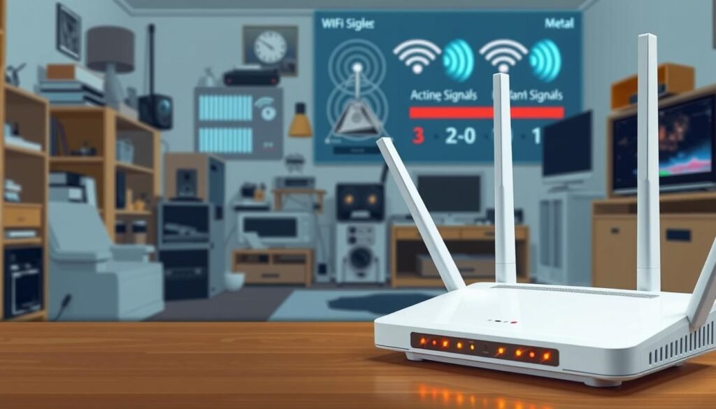 A detailed illustration showing the main causes of unstable 5GHz WiFi connections, focusing on both environmental and technical aspects. In the foreground, a close-up of a modern WiFi router with blinking lights to signify activity. In the middle ground, a cluttered room with thick walls, metal objects, and multiple electronic devices, each subtly impacting signal strength. The background features a digital screen displaying signal bars and network icons, with red indicators highlighting weak connectivity. The scene is brightly lit to enhance clarity, with a slight focus on details to create a technical, informative atmosphere. The overall mood conveys a sense of troubleshooting and exploration of WiFi connectivity issues.