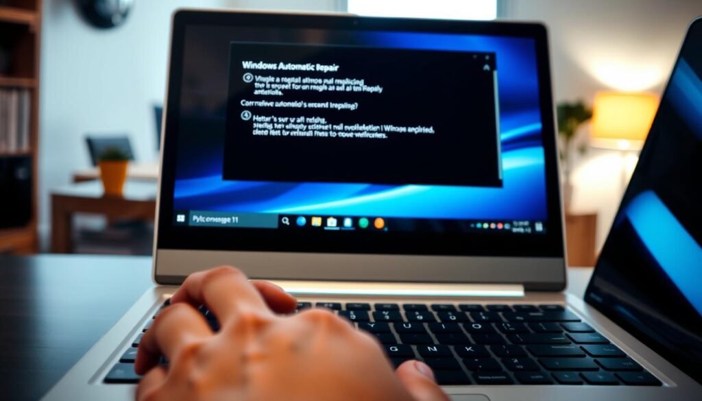 A detailed view of a computer screen displaying the Windows Automatic Repair interface, with error messages and options for troubleshooting. In the foreground, a focused laptop keyboard with hands typing, showcasing a user actively engaging with the repair process. The middle ground features the sleek, modern design of the laptop, reflecting the Windows 11 aesthetic with a glowing blue taskbar and vibrant desktop icons. In the background, a soft-focus home office environment with warm lighting, enhancing the calm yet urgent atmosphere. The image conveys a sense of professionalism and solution-oriented determination, with a clear emphasis on technology and user interaction. No text or annotations.