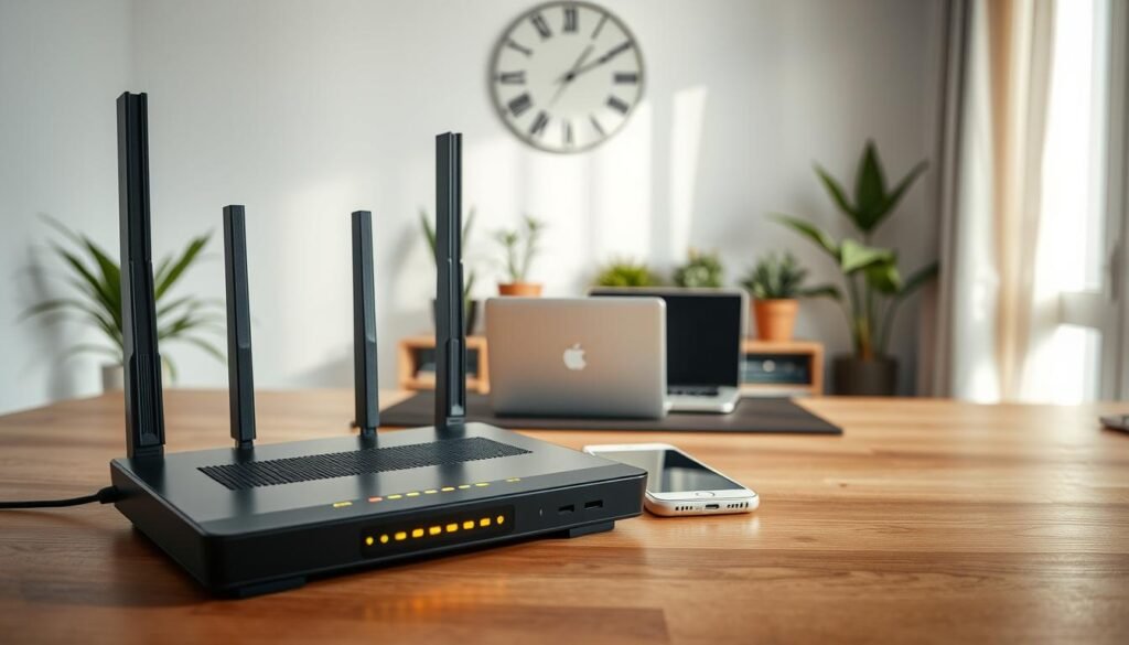 A modern home office setup featuring a network router prominently in the foreground, displaying multiple status lights indicating its operational state. The router is sleek, with antennas positioned for optimal signal coverage. In the middle ground, a laptop and a smartphone are placed on a stylish wooden desk, connected to the router with visible Wi-Fi signal indicators. In the background, a wall clock and potted plants add warmth to the space, while soft, natural light filters through a nearby window, creating a calm and focused atmosphere. The camera angle is slightly overhead, capturing the entire scene effectively, emphasizing the importance of router configuration for a stable 5GHz connection.