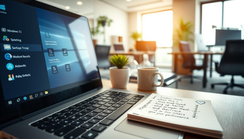 A serene and organized workspace showcasing Windows 11 optimization tips. In the foreground, a sleek laptop with a high-resolution screen displaying a Windows 11 interface filled with helpful icons and optimization tools. Beside it, a notepad with handwritten tips for improving performance. In the middle, a small potted plant adds a touch of nature, while a stylish coffee mug sits near the laptop. The background features a modern office setting with soft natural lighting filtering through a window, giving the scene a calm and productive atmosphere. The angle captures both the laptop and the surrounding workspace, emphasizing a balance between technology and comfort.