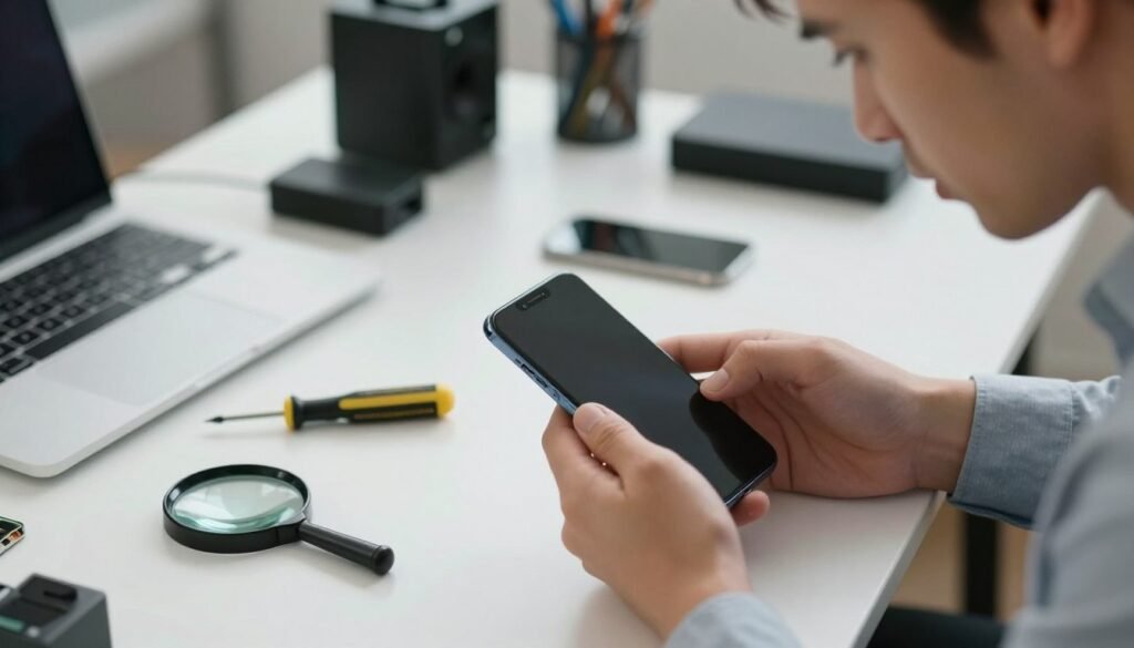 A close-up image of a smartphone being examined on a sleek, modern table. In the foreground, a user in professional attire holds the phone, looking concerned while inspecting the speaker area. In the middle, tools like a screwdriver and a magnifying glass lay nearby, suggesting a diagnostic work-in-progress. The background features a softly lit, clutter-free workspace with tech gadgets and a laptop, embodying a dedicated troubleshooting environment. The lighting is bright and evenly distributed, casting soft shadows for depth. The atmosphere is tense yet focused, conveying the urgency of identifying the cause of audio failure in a smartphone. A close-up image of a smartphone being examined on a sleek, modern table. In the foreground, a user in professional attire holds the phone, looking concerned while inspecting the speaker area. In the middle, tools like a screwdriver and a magnifying glass lay nearby, suggesting a diagnostic work-in-progress. The background features a softly lit, clutter-free workspace with tech gadgets and a laptop, embodying a dedicated troubleshooting environment. The lighting is bright and evenly distributed, casting soft shadows for depth. The atmosphere is tense yet focused, conveying the urgency of identifying the cause of audio failure in a smartphone.