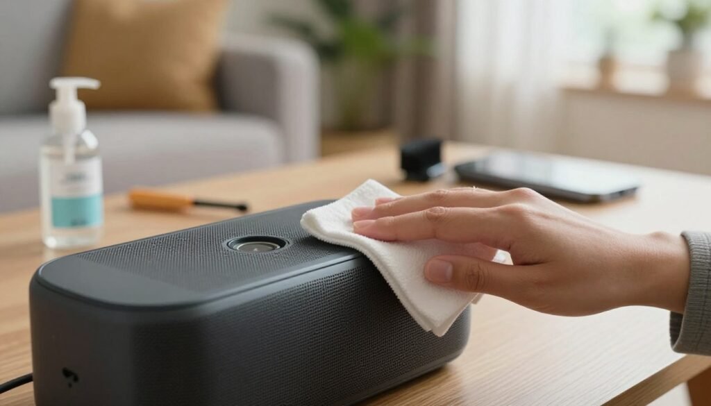 A close-up of a modern smartphone speaker being carefully cleaned, showcasing the delicate components and mesh grille. In the foreground, a person wearing smart casual attire gently wipes the speaker with a microfiber cloth, highlighting attention to detail. In the middle ground, various cleaning tools like a small brush and cleaning solution are arranged neatly, while a soft focus adds depth. The background features blurred domestic elements, like a cozy living room or an office space, to set a relatable context. Soft, natural lighting filters through a nearby window, creating a warm and inviting atmosphere that enhances the focus on speaker maintenance. The overall mood is one of care and professionalism, emphasizing the importance of maintaining audio clarity. A close-up of a modern smartphone speaker being carefully cleaned, showcasing the delicate components and mesh grille. In the foreground, a person wearing smart casual attire gently wipes the speaker with a microfiber cloth, highlighting attention to detail. In the middle ground, various cleaning tools like a small brush and cleaning solution are arranged neatly, while a soft focus adds depth. The background features blurred domestic elements, like a cozy living room or an office space, to set a relatable context. Soft, natural lighting filters through a nearby window, creating a warm and inviting atmosphere that enhances the focus on speaker maintenance. The overall mood is one of care and professionalism, emphasizing the importance of maintaining audio clarity.