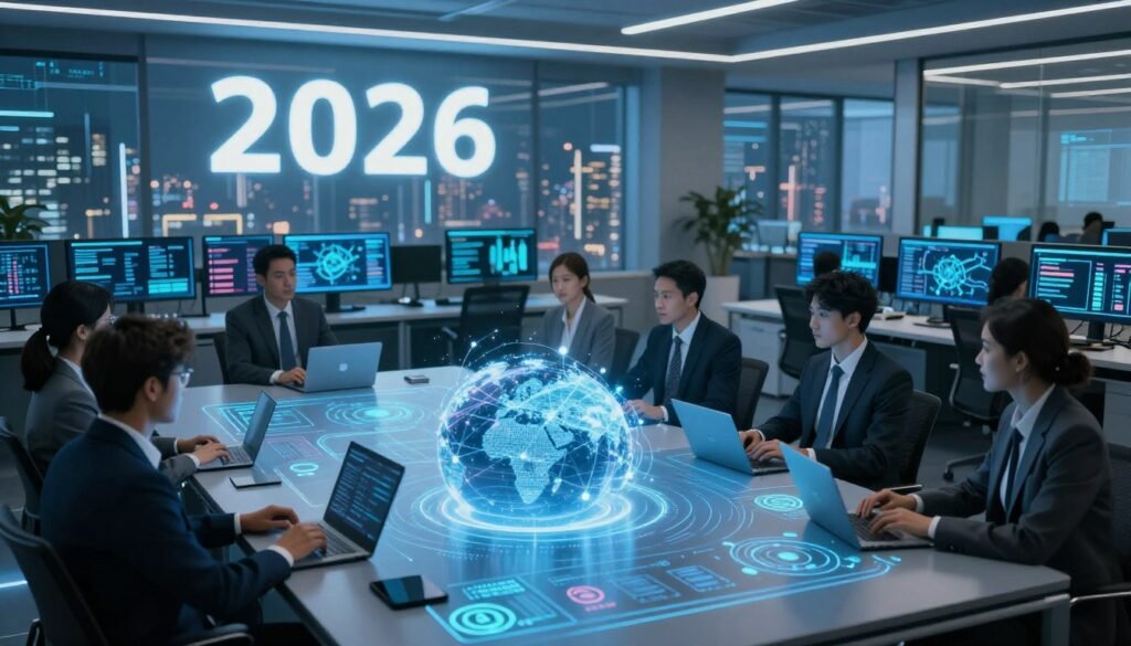 A futuristic office environment showcasing cybersecurity strategies for 2026. In the foreground, a diverse group of professionals in business attire are engaged around a large holographic table displaying a 3D globe with cyber data visualizations and secure networks highlighted. In the middle area, sleek monitors show various cybersecurity metrics and threat maps. The background features a large window overlooking a high-tech cityscape, bathed in soft, cool blue lighting to evoke innovation and security. Use a wide-angle lens for an immersive feel, while the atmosphere should be focused, dynamic, and forward-thinking, reflecting the urgency and importance of cybersecurity in the modern digital landscape.