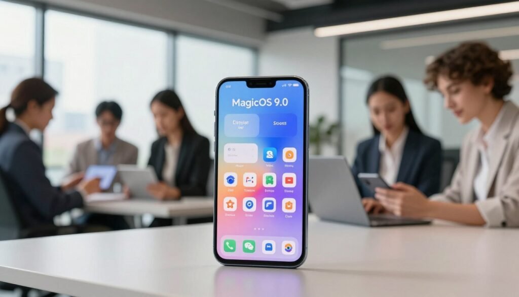 A sleek, modern smartphone showcasing the MagicOS 9.0 interface, displayed prominently in the foreground on a stylish desk. The phone’s screen glows softly, highlighting vibrant icons and widgets, suggesting advanced features. In the middle ground, a diverse group of professionals engage with their devices, dressed in smart business attire, demonstrating collaborative use of technology. In the background, a contemporary office space with large windows allows natural light to stream in, creating a bright and welcoming atmosphere. Soft, diffused lighting emphasizes the sleek design of the phone and the focus of the users. The mood is one of innovation, productivity, and modernity, reflecting the theme of adaptability and functionality of MagicOS 9.0 for various users.